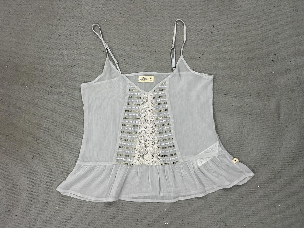 Y2K Hollister Tank Top Womens Medium Sequin Lace Peplum Sheer Spaghetti Strap